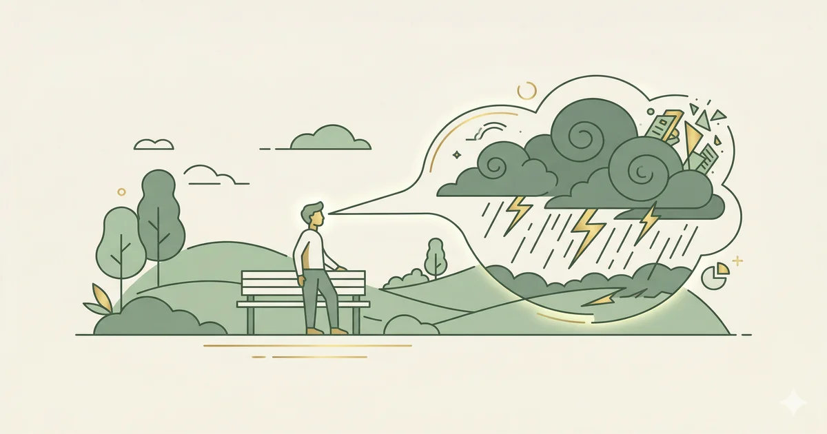 Infografía sobre ansiedad anticipatoria: persona mirando nubes de tormenta futuras