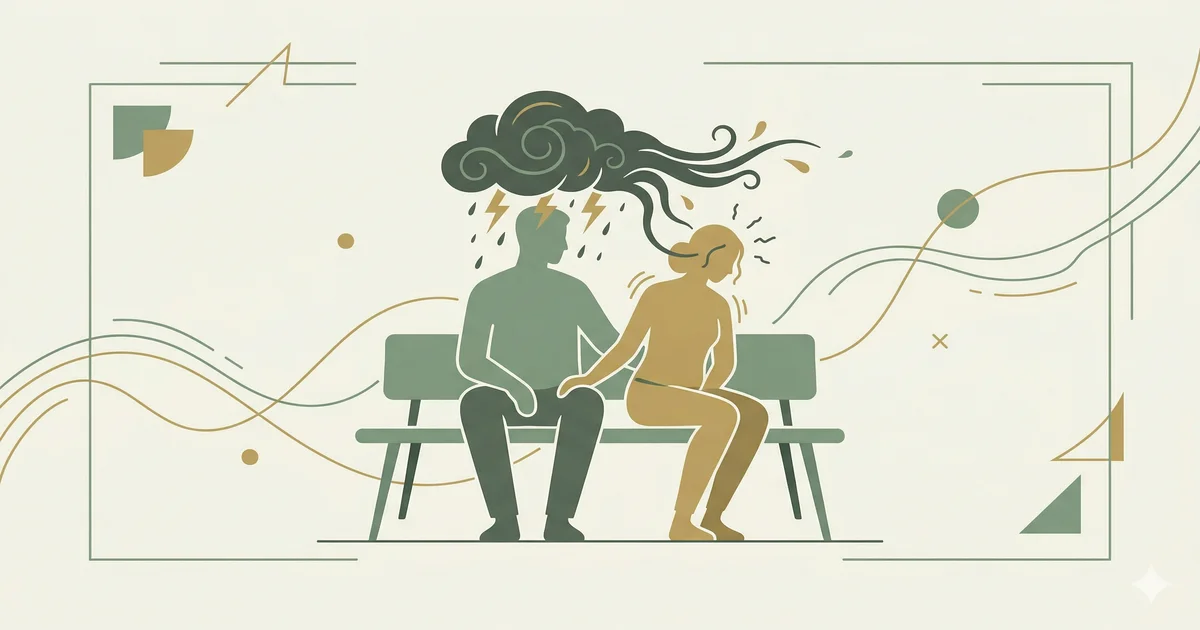 Infografía sobre ansiedad en pareja: dos siluetas con nube de tormenta