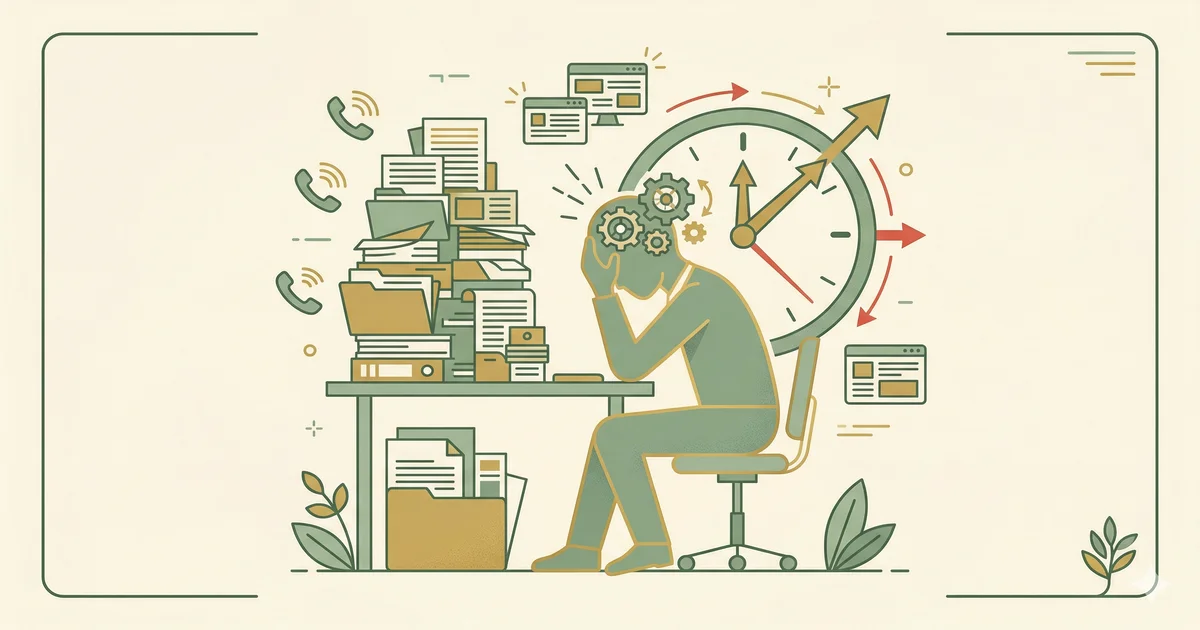 Infografía sobre ansiedad laboral: silueta en escritorio con presión