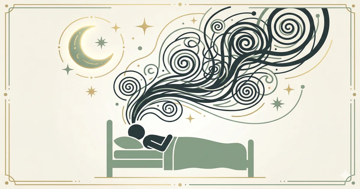 Infografía sobre ansiedad nocturna: silueta en cama con pensamientos en espiral