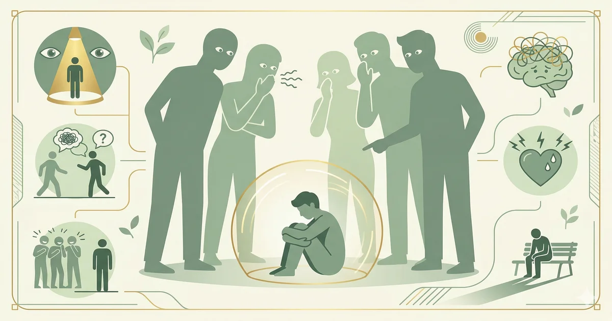 Infografía sobre ansiedad social: silueta pequeña rodeada de miradas