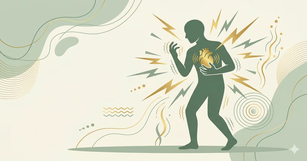 Infografía sobre ataque de pánico: silueta con corazón acelerado y alarma
