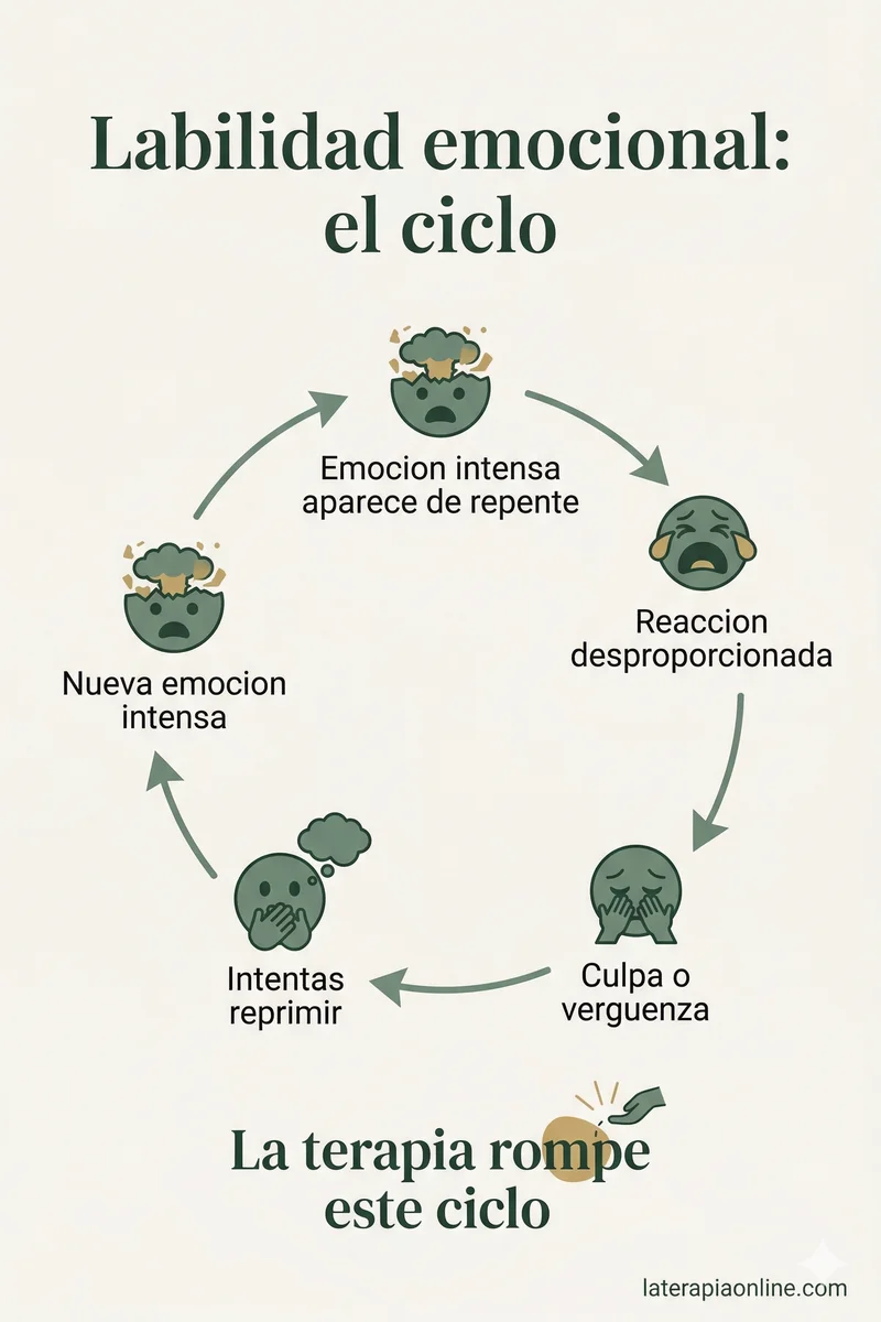 Diagrama del ciclo de labilidad emocional: emocion intensa, reaccion, culpa y represion