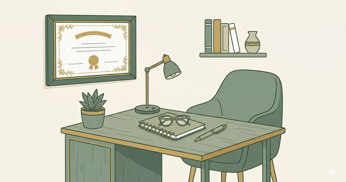 Ilustración de un escritorio de psicólogo con diploma en la pared, libreta y gafas sobre la mesa