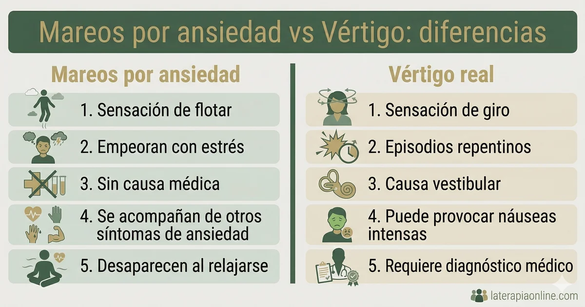 Infografia comparativa entre mareos por ansiedad y vertigo real: diferencias y sintomas