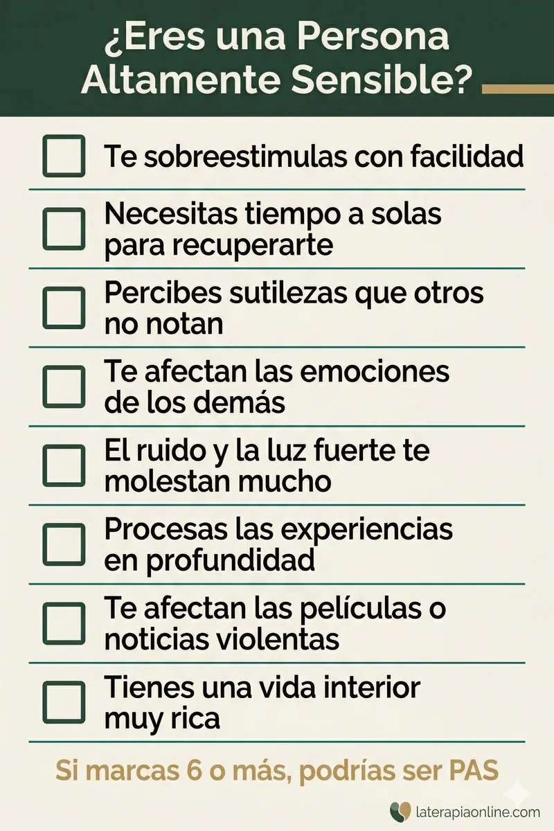 Checklist visual con 8 rasgos de una persona altamente sensible PAS