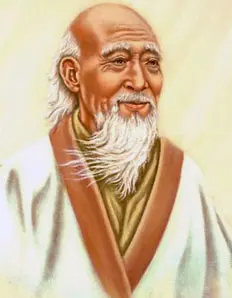 Cuadro de Lao-Tse. se ve a un hombre asiático anciano con largas barbas blancas.